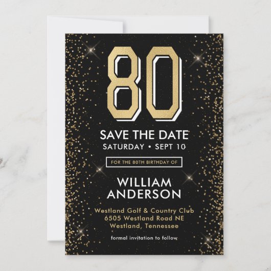 Moderne Zwarte 80ste Verjaardag Save The Date (Voorkant)