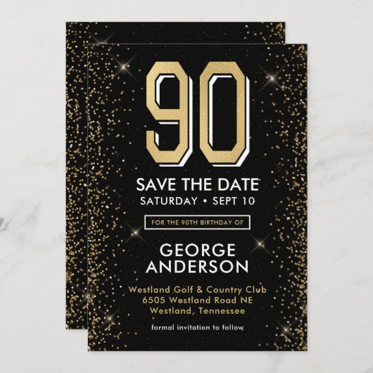 Moderne zwarte 90e verjaardag save the date (Voorkant / Achterkant)