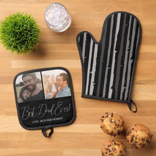 Moderne zwarte aangepaste foto beste papa ooit ovenwant & pannenlap set (Top down)