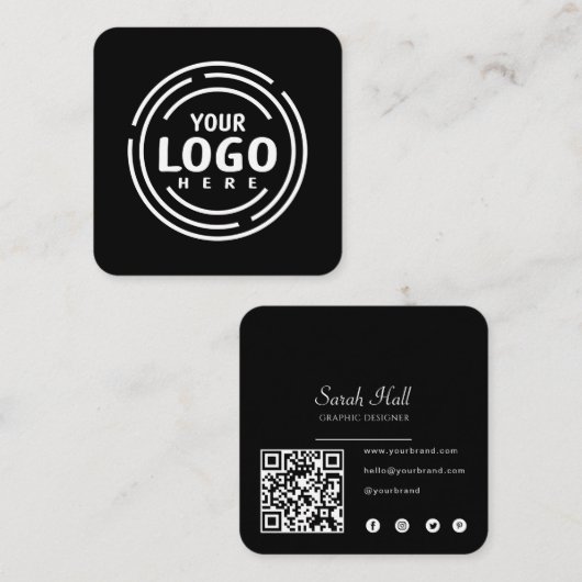 Moderne zwarte aangepaste Logo en QR-code Vierkante Visitekaartje (Voorkant / Achterkant)