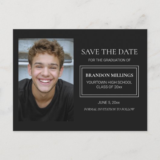Moderne zwarte Afstuderen Foto opslaan Datum Aankondigingskaart (Voorkant)