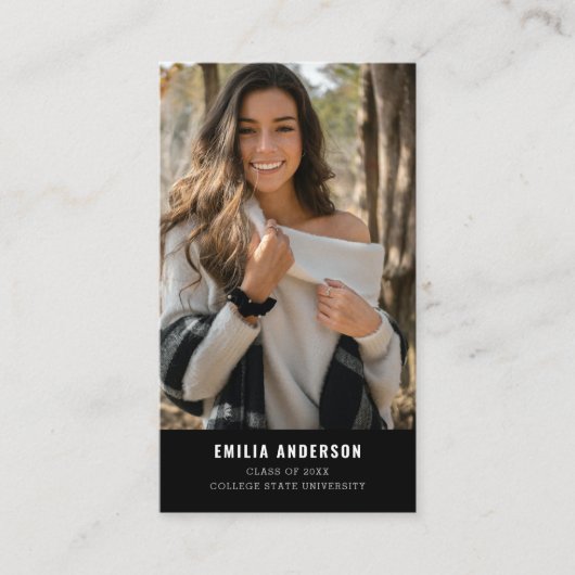 Moderne zwarte Afstuderen Foto QR Code Info Contactkaartje (Voorkant)