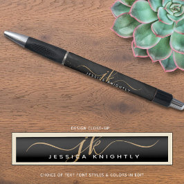 Moderne Zwarte Agate Goud Glitter Script Monogram Pen