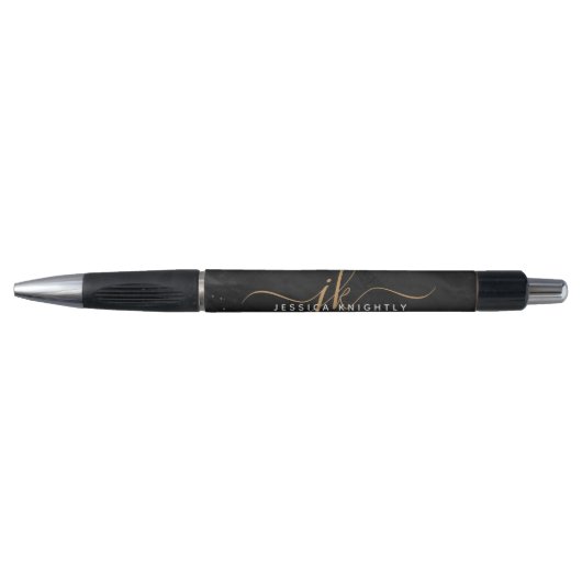 Moderne Zwarte Agate Goud Glitter Script Monogram Pen (Voorkant)