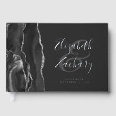 Moderne Zwarte Agate Zilveren Script Donker Gastenboek (Voorkant)
