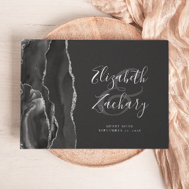 Moderne Zwarte Agate Zilveren Script Donker Gastenboek