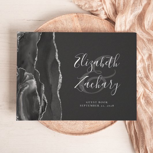 Moderne Zwarte Agate Zilveren Script Donker Gastenboek