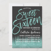 Moderne Zwarte Aqua Glitter Typografie Sweet 16 Kaart (Voorkant)