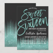 Moderne Zwarte Aqua Glitter Typografie Sweet 16 Kaart (Voorkant / Achterkant)