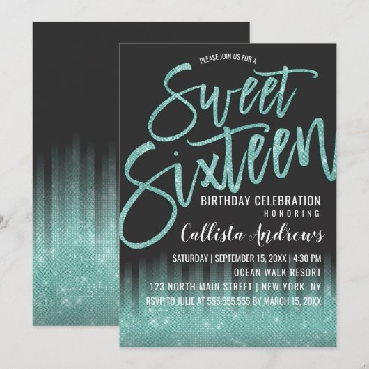 Moderne Zwarte Aqua Glitter Typografie Sweet 16 Kaart (Voorkant / Achterkant)