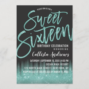 Moderne Zwarte Aqua Glitter Typografie Sweet 16 Kaart