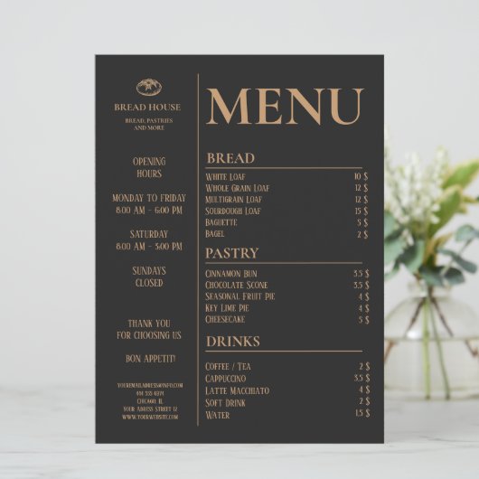 Moderne zwarte bakkerij, Café Tafel Menu (Staand voorkant)