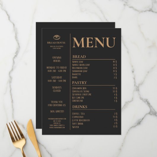 Moderne zwarte bakkerij, Café Tafel Menu (Voorkant / Achterkant in situ)
