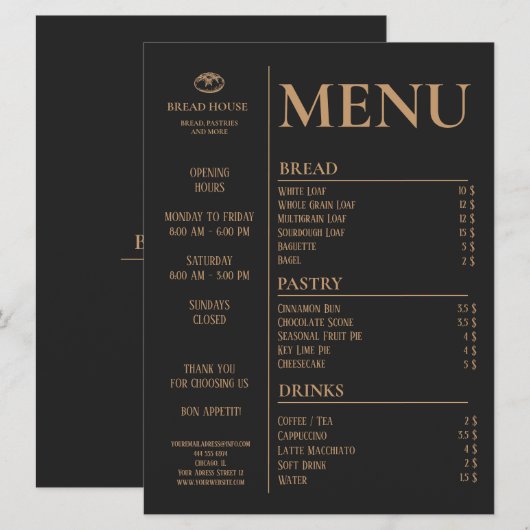 Moderne zwarte bakkerij, Café Tafel Menu (Voorkant / Achterkant)