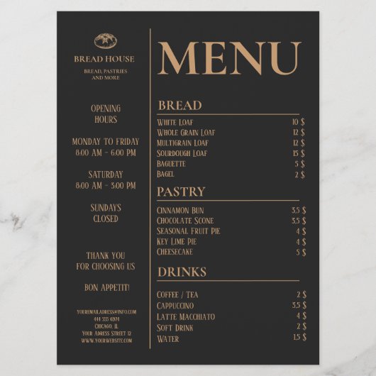 Moderne zwarte bakkerij, Café Tafel Menu (Voorkant)
