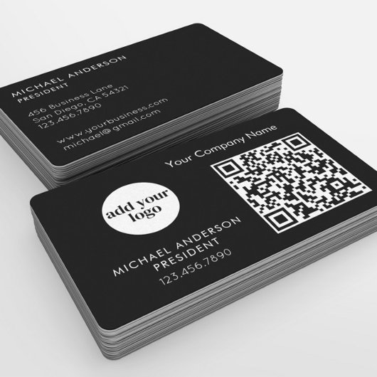 Moderne zwarte bedrijfslogo en QR-code Visitekaartje
