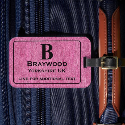 Moderne zwarte belettering op roze Denim Print Bagagelabel (Voorkant Insitu 4)