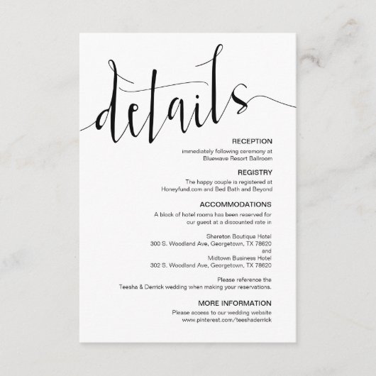 Moderne zwarte bewerkbare bruiloft - details informatiekaartje (Voorkant)
