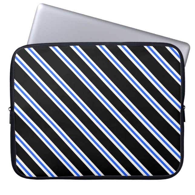 Moderne zwarte blauwe strepen laptophoes laptop sleeve (Voorkant)