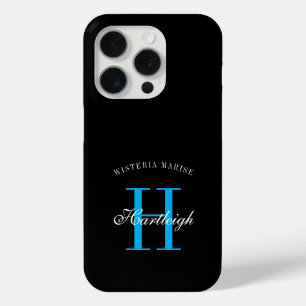 Moderne Zwarte Blauwe Witte Monogram Naam iPhone 15 Pro Case