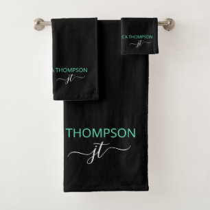 Moderne zwarte Blauwgroen Eenvoudige scriptmonogra Bad Handdoek