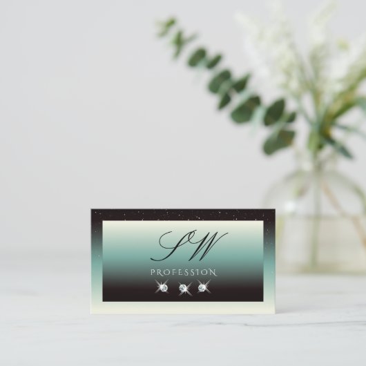 Moderne zwarte Blauwgroen gradiënt - Initialen voo Visitekaartje (Staand voorkant)