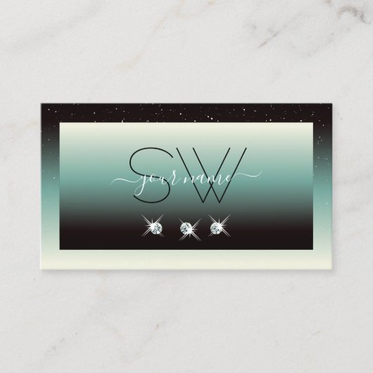 Moderne zwarte Blauwgroen gradiënt - monogram voor Visitekaartje (Voorkant)