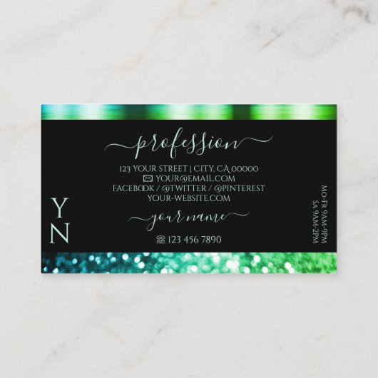 Moderne zwarte Blauwgroen groene mousserende glitt Visitekaartje (Achterkant)
