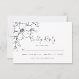 Moderne Zwarte Bloem Bruiloft RSVP Kaart