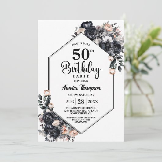 Moderne Zwarte Bloemen 50e Verjaardagsfeest Kaart (Staand voorkant)