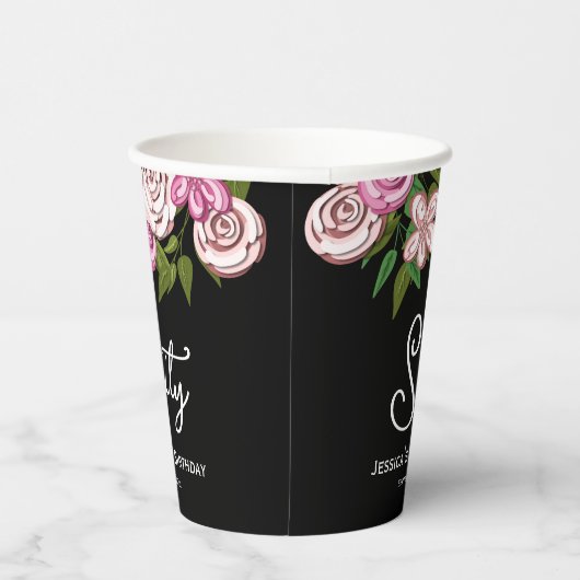 Moderne Zwarte Bloemen 60ste Verjaardag Papieren Bekers (Rechts)