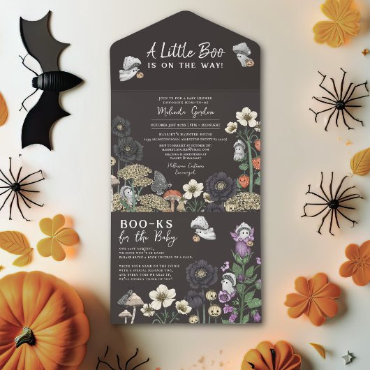 Moderne zwarte bloemen geesten Halloween Baby show All In One Uitnodiging