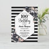 Moderne Zwarte Bloemen Gestreepte 100ste Verjaarda Kaart (Staand voorkant)