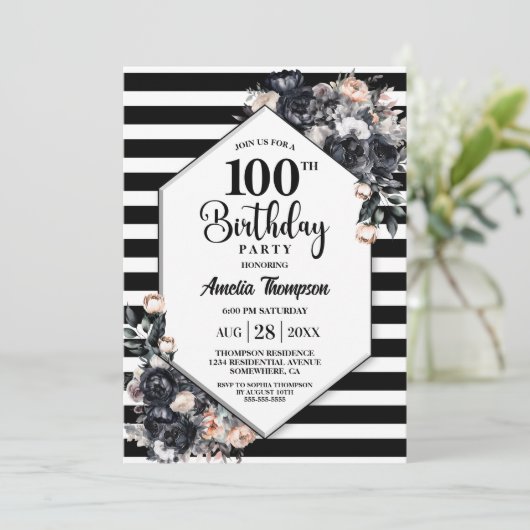 Moderne Zwarte Bloemen Gestreepte 100ste Verjaarda Kaart (Staand voorkant)