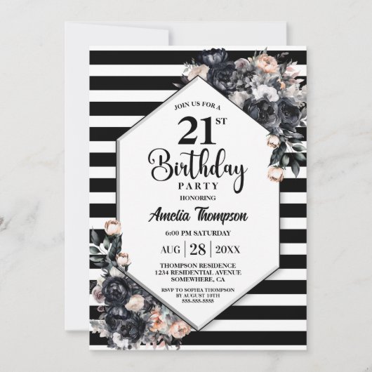 Moderne Zwarte Bloemen Gestreepte 21e Verjaardagsf Kaart (Voorkant)