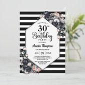 Moderne Zwarte Bloemen Gestreepte 30e Verjaardagsf Kaart (Staand voorkant)