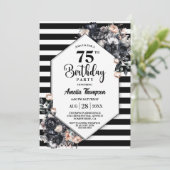 Moderne Zwarte Bloemen Gestreepte 75e Verjaardagsf Kaart (Staand voorkant)