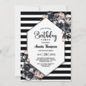 Moderne Zwarte Bloemen Gestreepte Verjaardagsfeest Kaart (Voorkant)