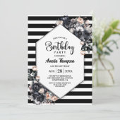 Moderne Zwarte Bloemen Gestreepte Verjaardagsfeest Kaart (Staand voorkant)