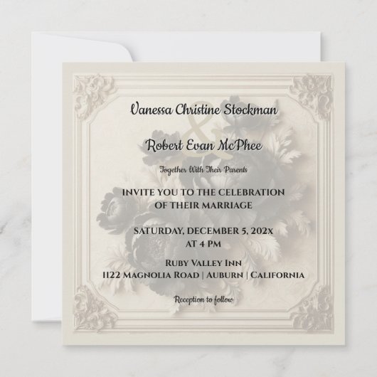 Moderne Zwarte Bloemen Huwelijksuitnodiging Kaart (Achterkant)