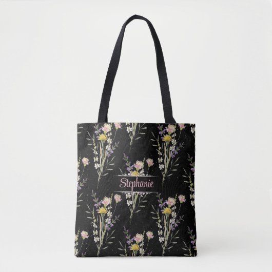 Moderne Zwarte Bloemen Land Wildflowers Gooi Pil Tote Bag (Voorkant)