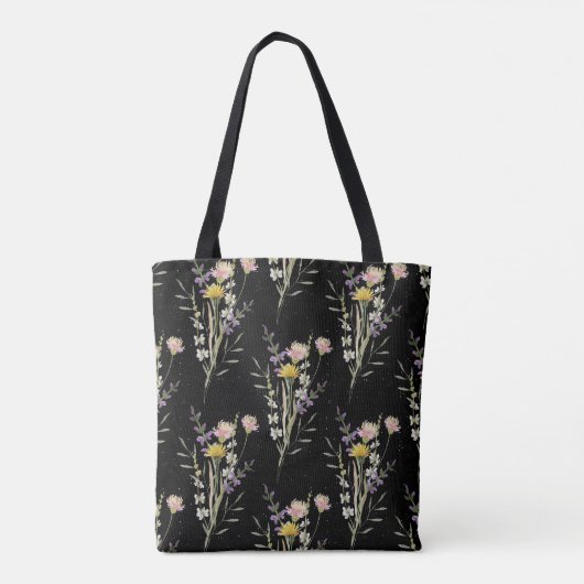 Moderne Zwarte Bloemen Land Wildflowers Gooi Pil Tote Bag (Achterkant)