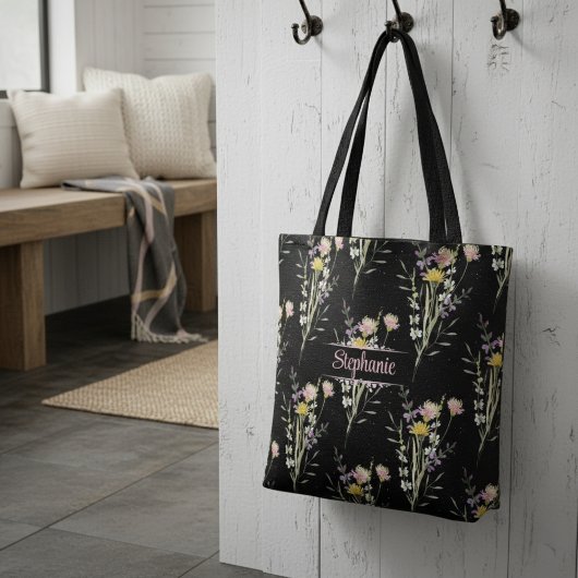 Moderne Zwarte Bloemen Land Wildflowers Gooi Pil Tote Bag