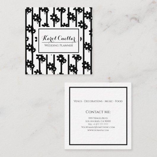 Moderne zwarte bloemen met verticaal lijnpatroon vierkante visitekaartje (Voorkant / Achterkant)