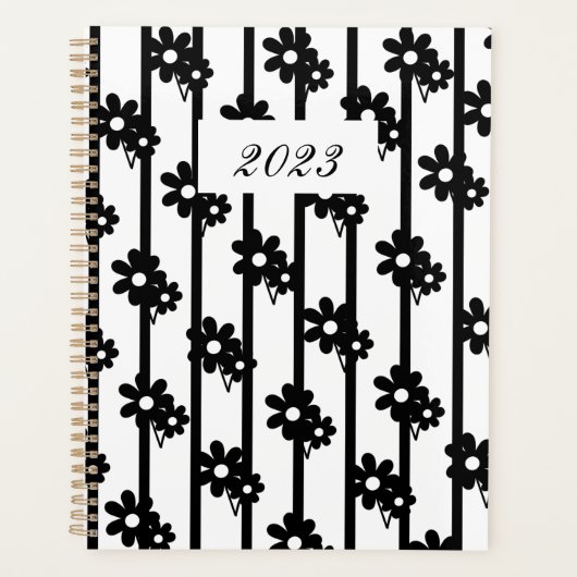 Moderne zwarte bloemen met zwarte en witte strepen planner (Voorkant)