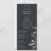 Moderne Zwarte Bloemen Pauw Trouwprogramma Kaart (Voorkant)