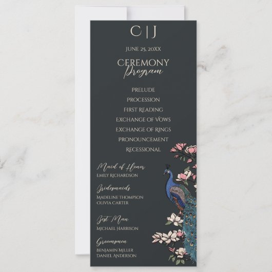 Moderne Zwarte Bloemen Pauw Trouwprogramma Kaart (Voorkant)