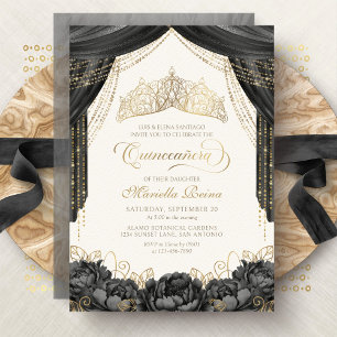 Moderne zwarte bloemen tiara Quinceanera Kaart