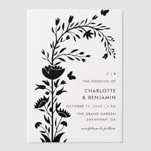 Moderne zwarte bloemen vlinder bruiloft vellum uitnodigingen (Voorkant)