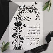 Moderne zwarte bloemen vlinder bruiloft vellum uitnodigingen